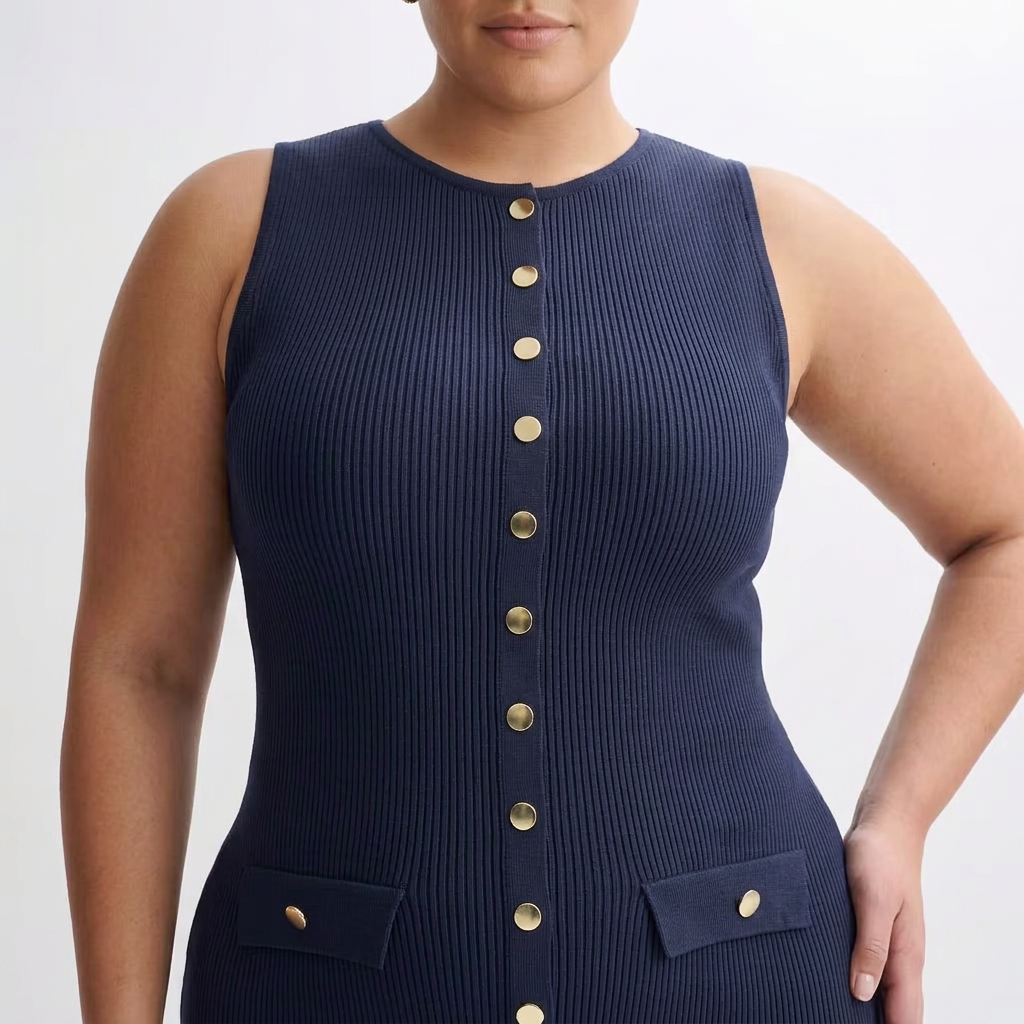 Harlow | Womens Sleeveless Button-Front Ribbed Midi Dress