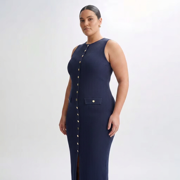 Harlow | Womens Sleeveless Button-Front Ribbed Midi Dress