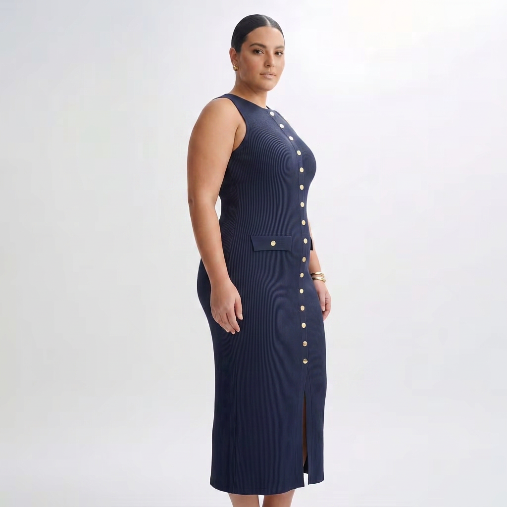 Harlow | Womens Sleeveless Button-Front Ribbed Midi Dress