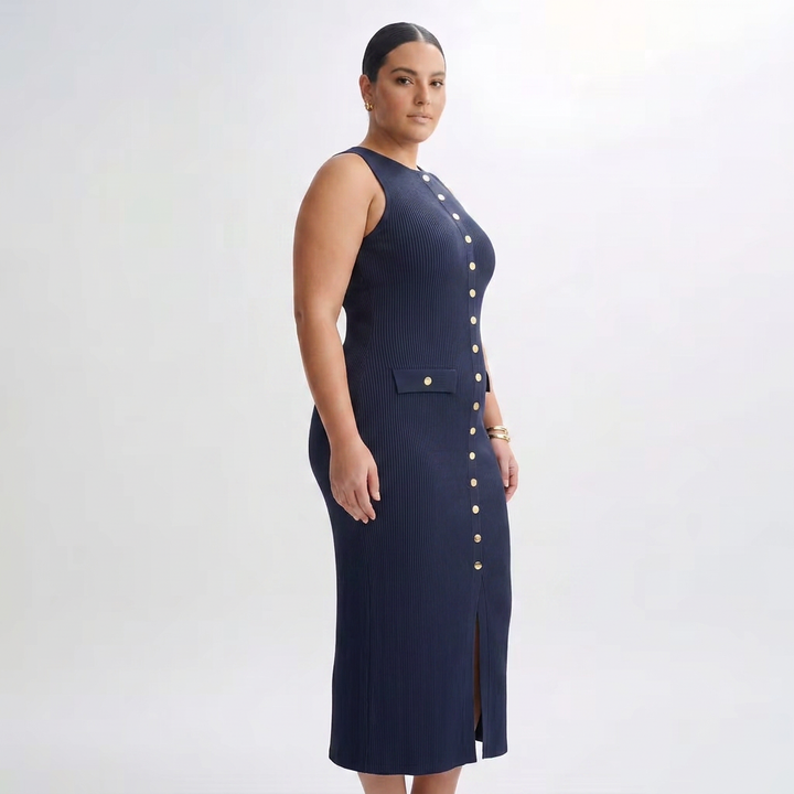 Harlow | Womens Sleeveless Button-Front Ribbed Midi Dress