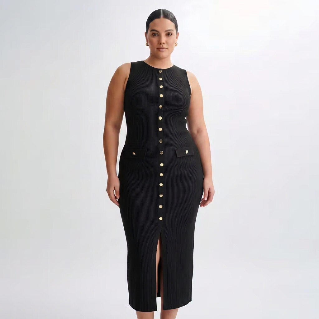Harlow | Womens Sleeveless Button-Front Ribbed Midi Dress