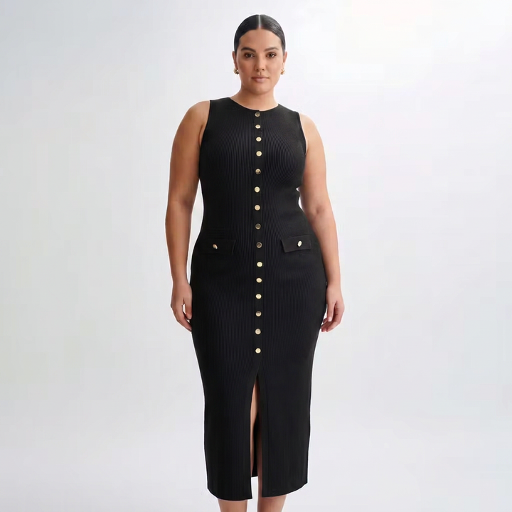 Harlow | Womens Sleeveless Button-Front Ribbed Midi Dress