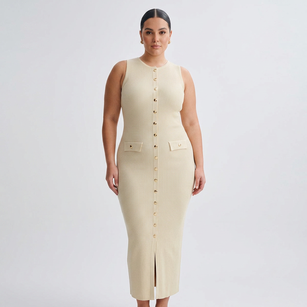 Harlow | Womens Sleeveless Button-Front Ribbed Midi Dress
