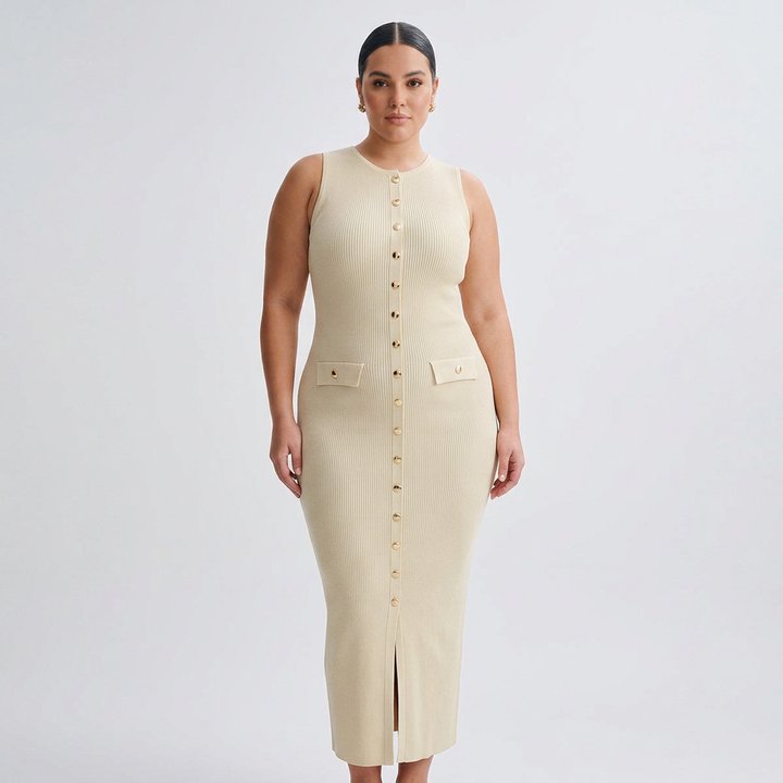 Harlow | Womens Sleeveless Button-Front Ribbed Midi Dress