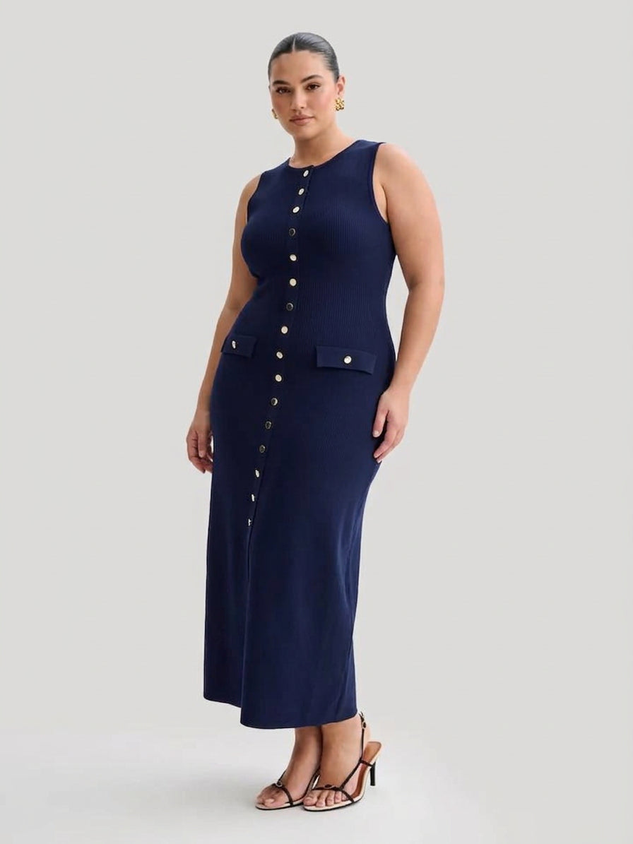 Quinn  Elegant Sleeveless Button-Up Bodycon Knit Maxi Dress