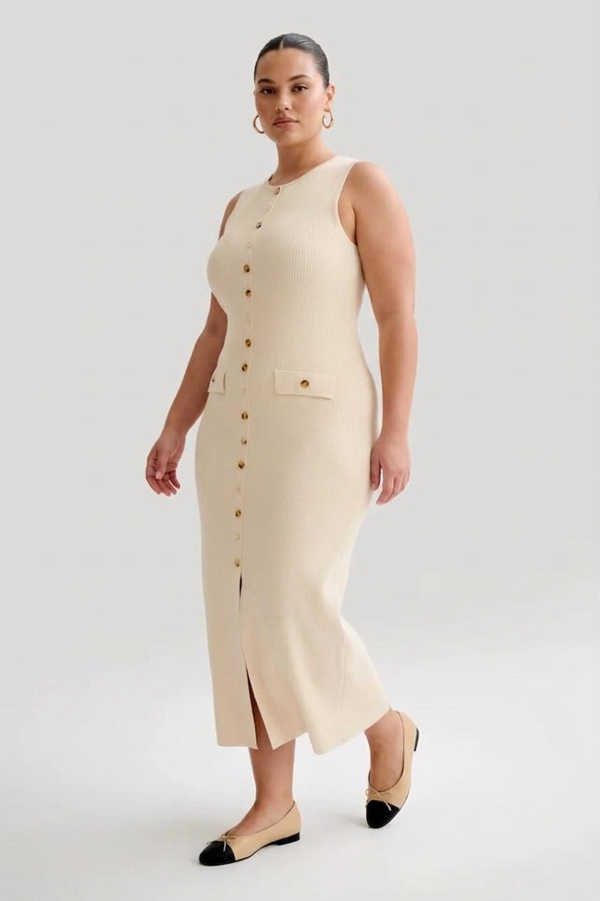 Quinn  Elegant Sleeveless Button-Up Bodycon Knit Maxi Dress