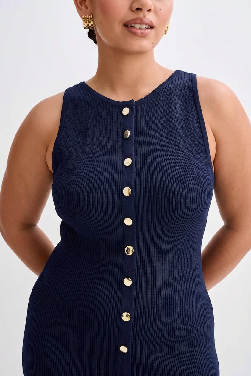 Quinn  Elegant Sleeveless Button-Up Bodycon Knit Maxi Dress