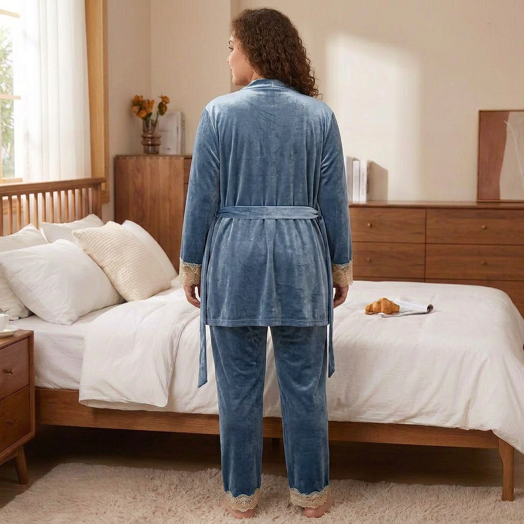 MALIA | ELEGANT BLUE VELVET LACE SLEEPWEAR SET