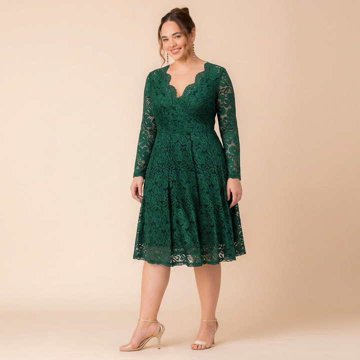 Margot Lace V-Neck Long Sleeve Midi Cocktail Dress