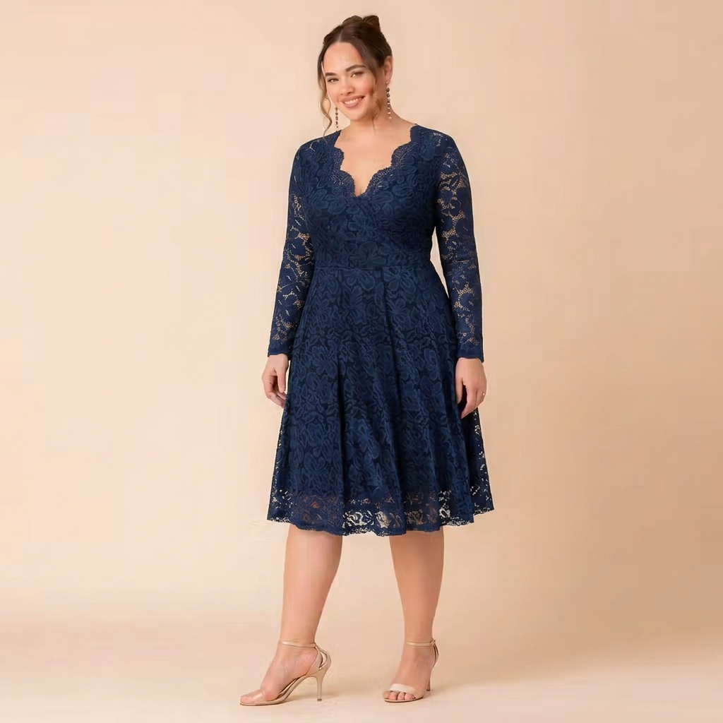 Margot Lace V-Neck Long Sleeve Midi Cocktail Dress