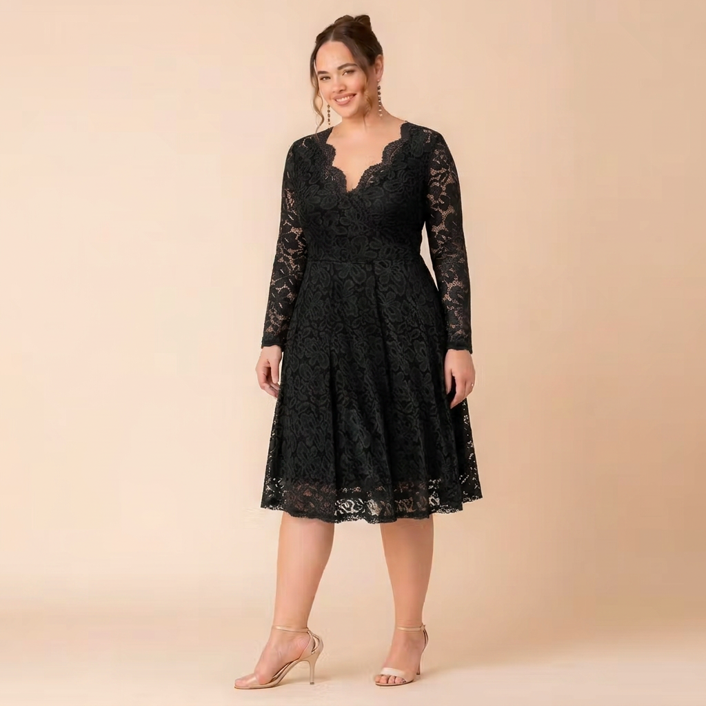 Margot Lace V-Neck Long Sleeve Midi Cocktail Dress