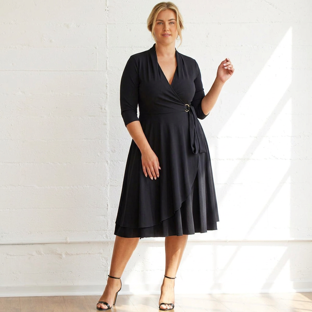 Maritime Wrap-Front Three-Quarter Sleeve Midi Dress