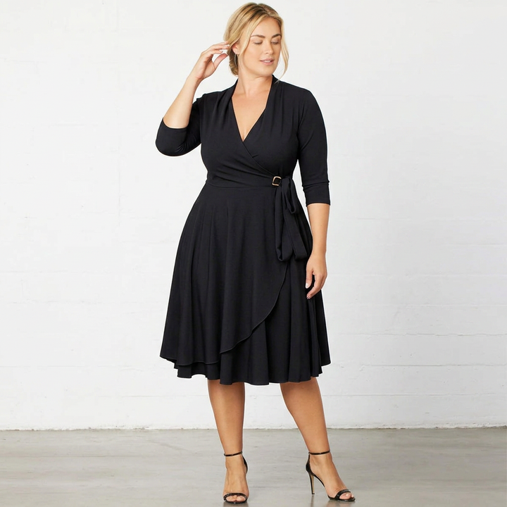 Maritime Wrap-Front Three-Quarter Sleeve Midi Dress