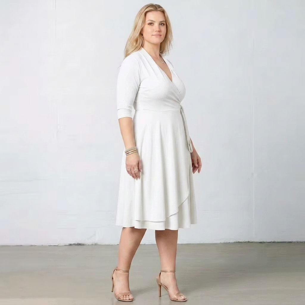 Maritime Wrap-Front Three-Quarter Sleeve Midi Dress