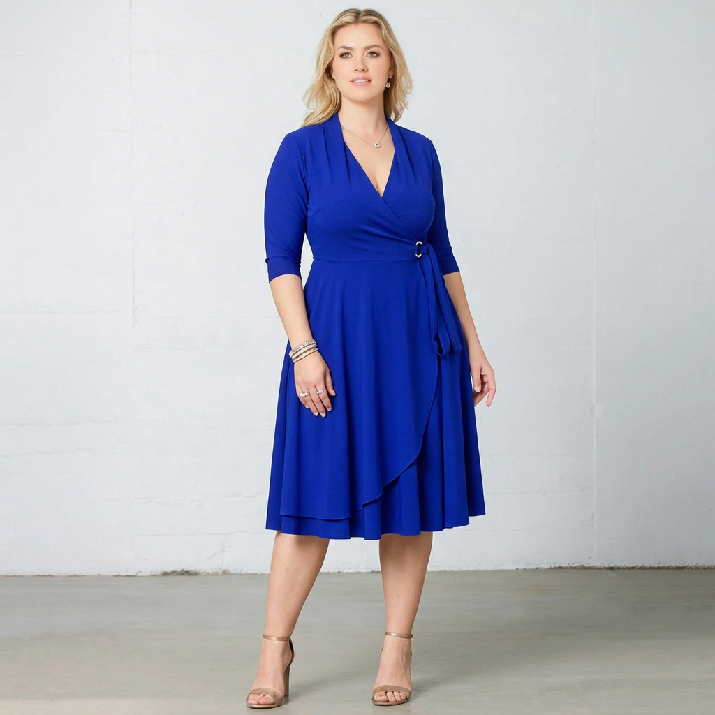 Maritime Wrap-Front Three-Quarter Sleeve Midi Dress