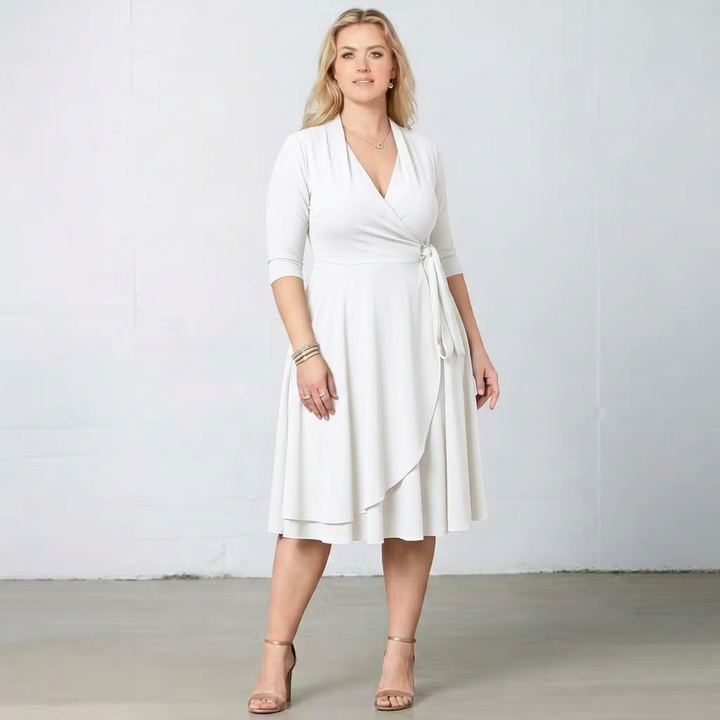 Maritime Wrap-Front Three-Quarter Sleeve Midi Dress