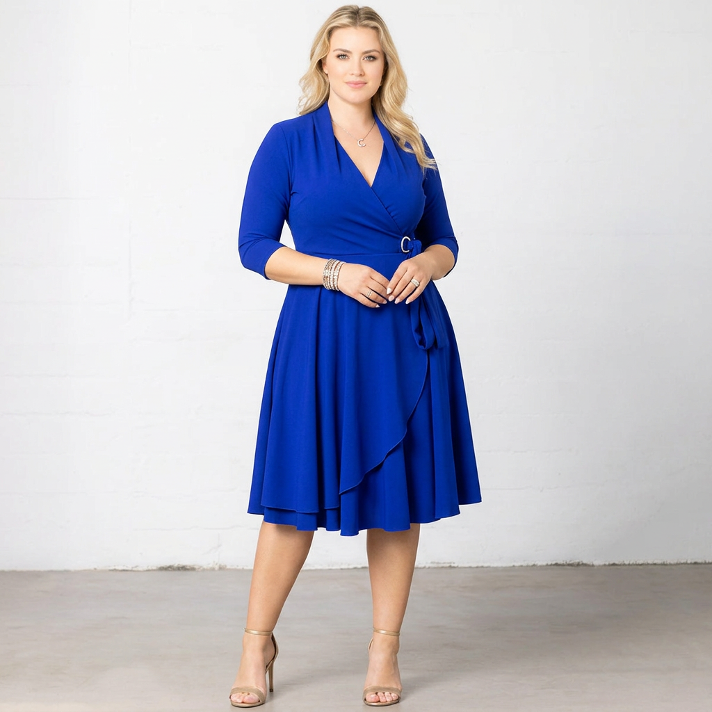 Maritime Wrap-Front Three-Quarter Sleeve Midi Dress