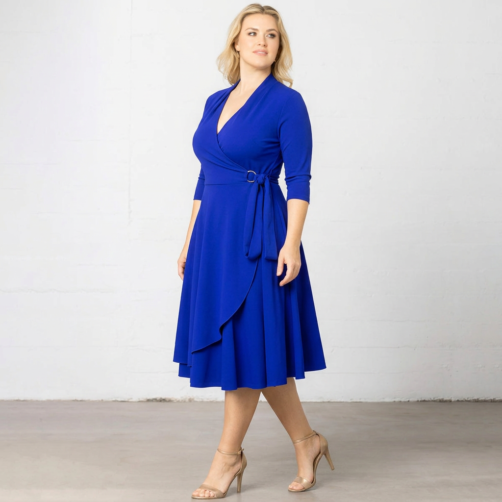 Maritime Wrap-Front Three-Quarter Sleeve Midi Dress