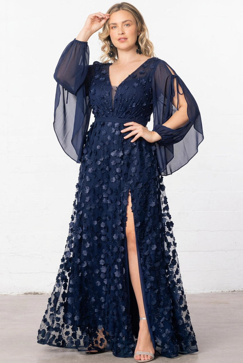 Midnight Blossom Floral Mesh Evening Gown