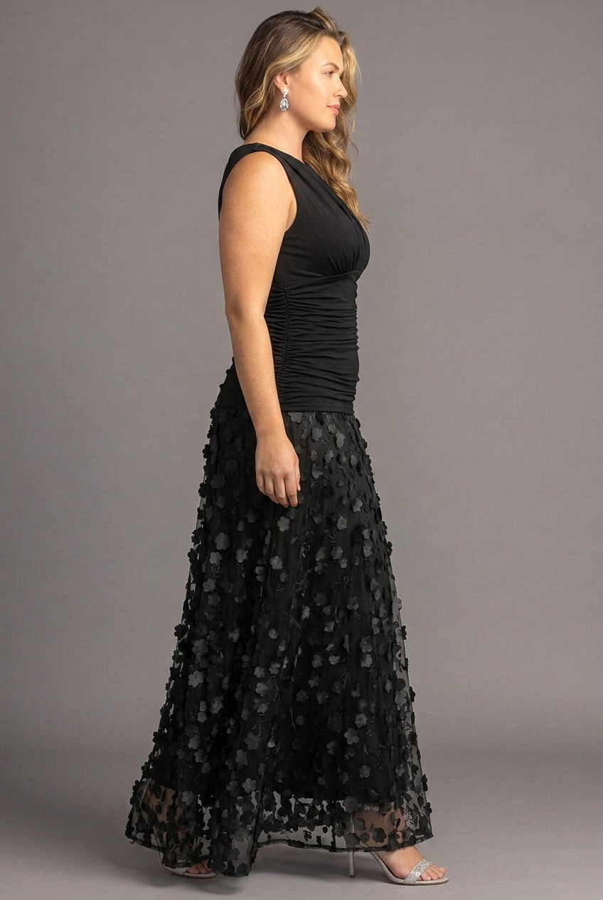 Midnight Blossom Floral Mesh Evening Gown