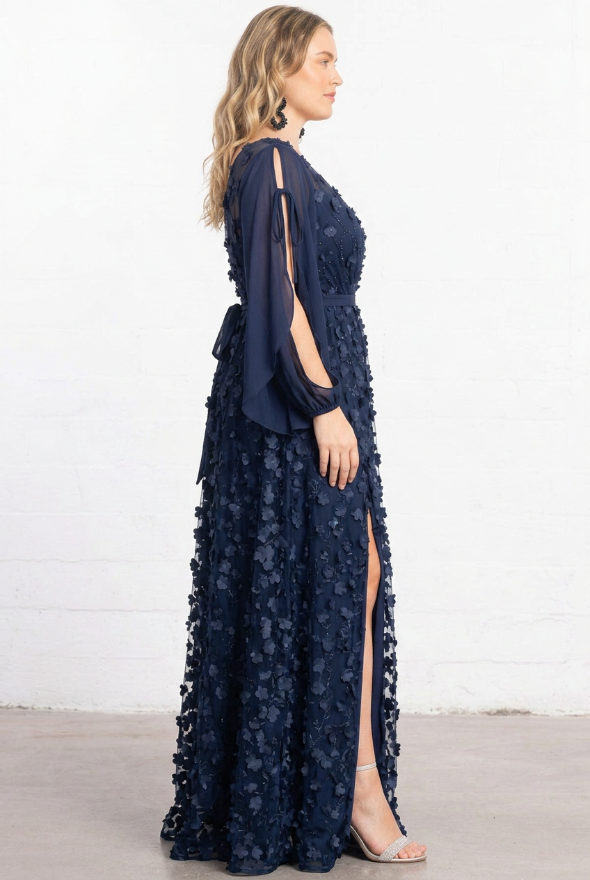 Midnight Blossom Floral Mesh Evening Gown