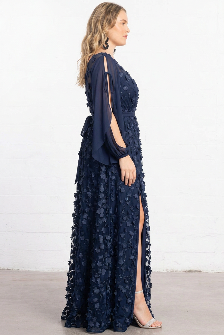 Midnight Blossom Floral Mesh Evening Gown