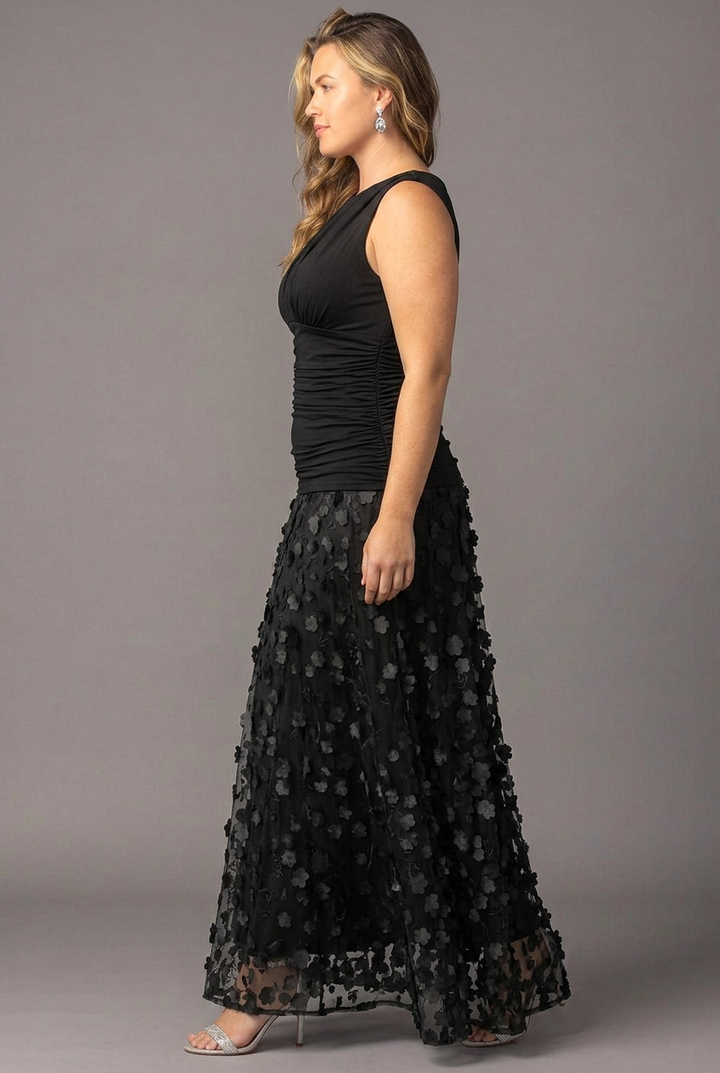 Midnight Blossom Floral Mesh Evening Gown