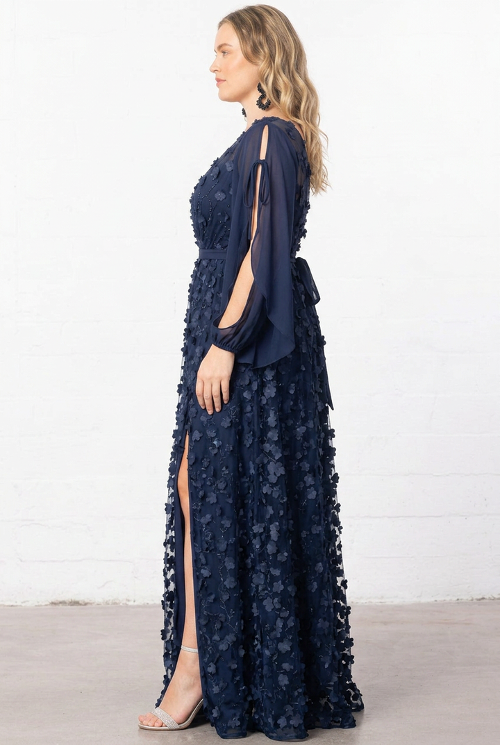 Midnight Blossom Floral Mesh Evening Gown