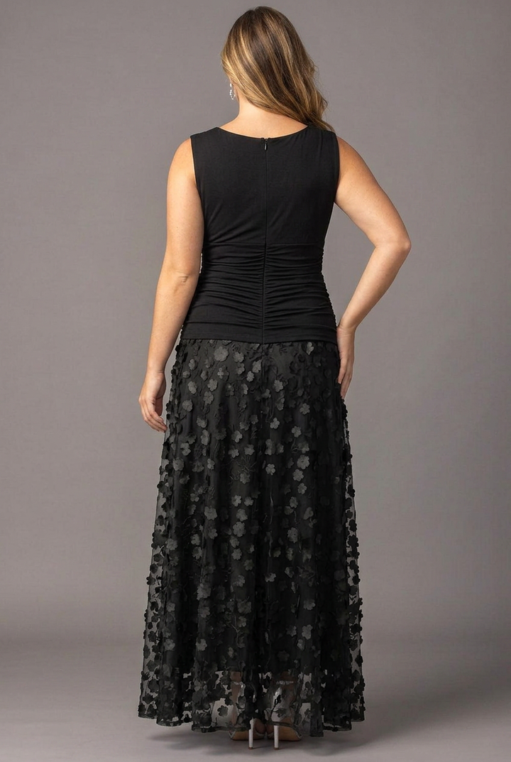 Midnight Blossom Floral Mesh Evening Gown