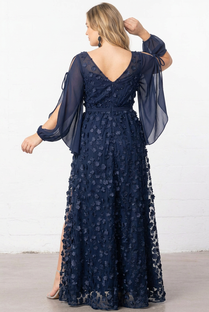 Midnight Blossom Floral Mesh Evening Gown