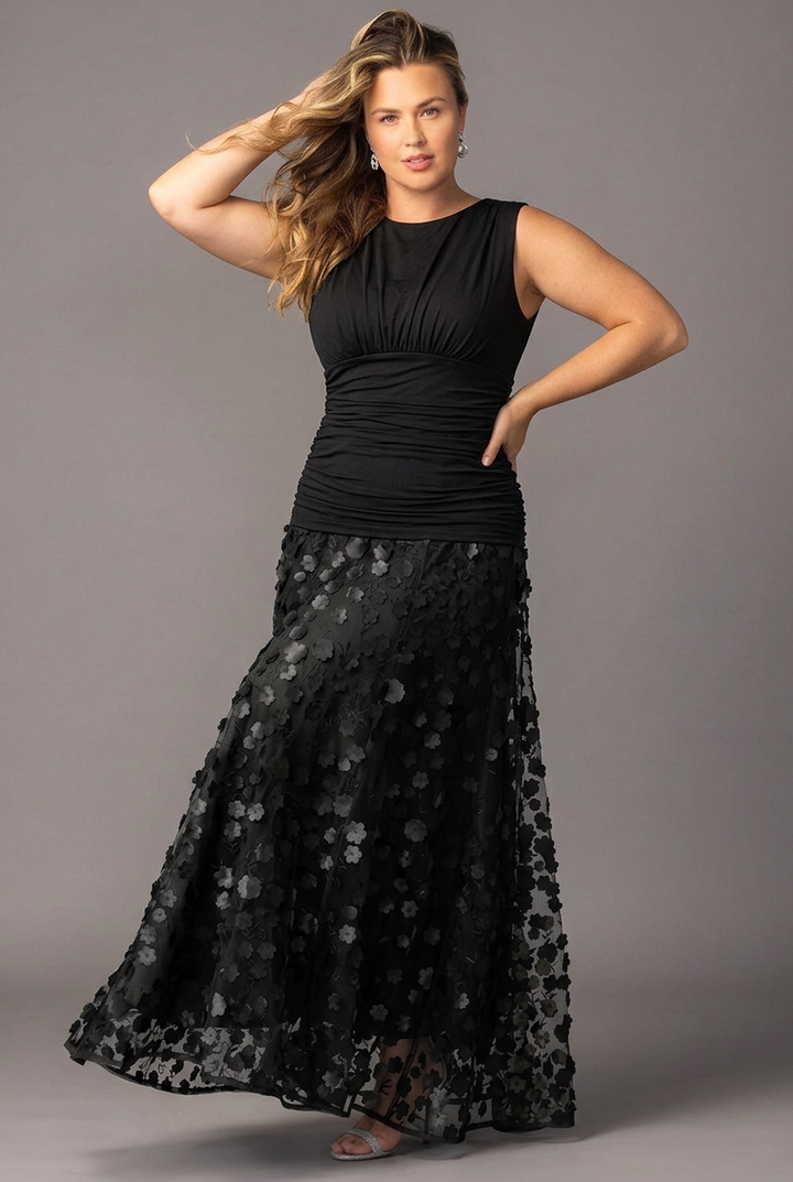 Midnight Blossom Floral Mesh Evening Gown