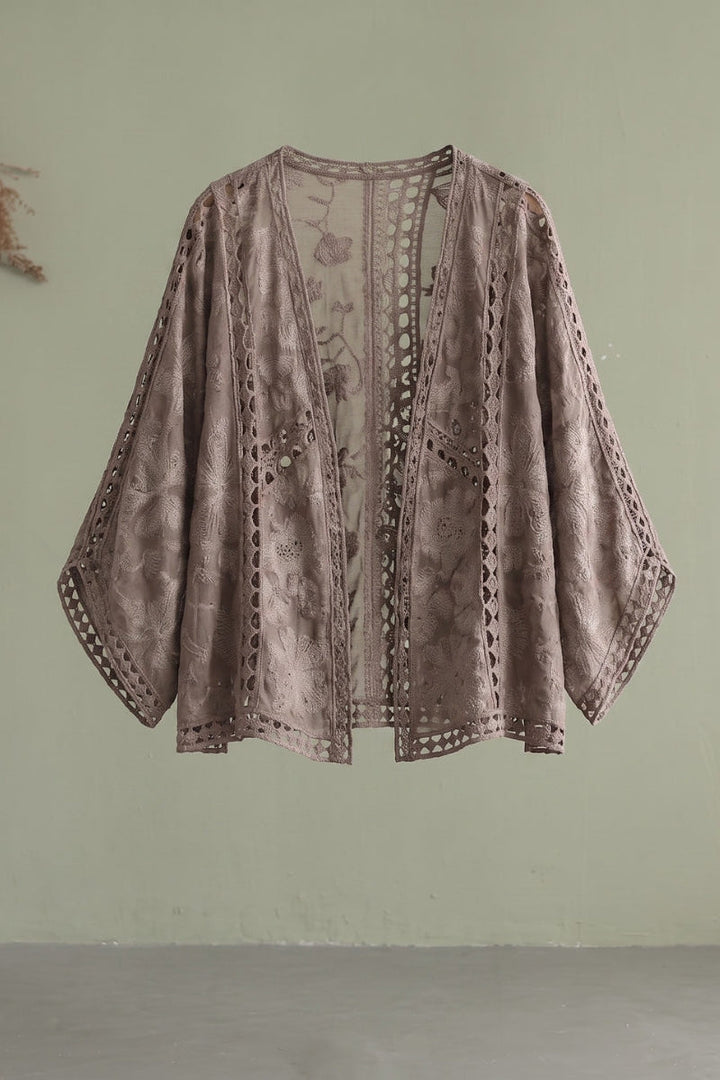 Niamh - Modern Khaki Jacquard Hollow Out Cotton Short Cardigans