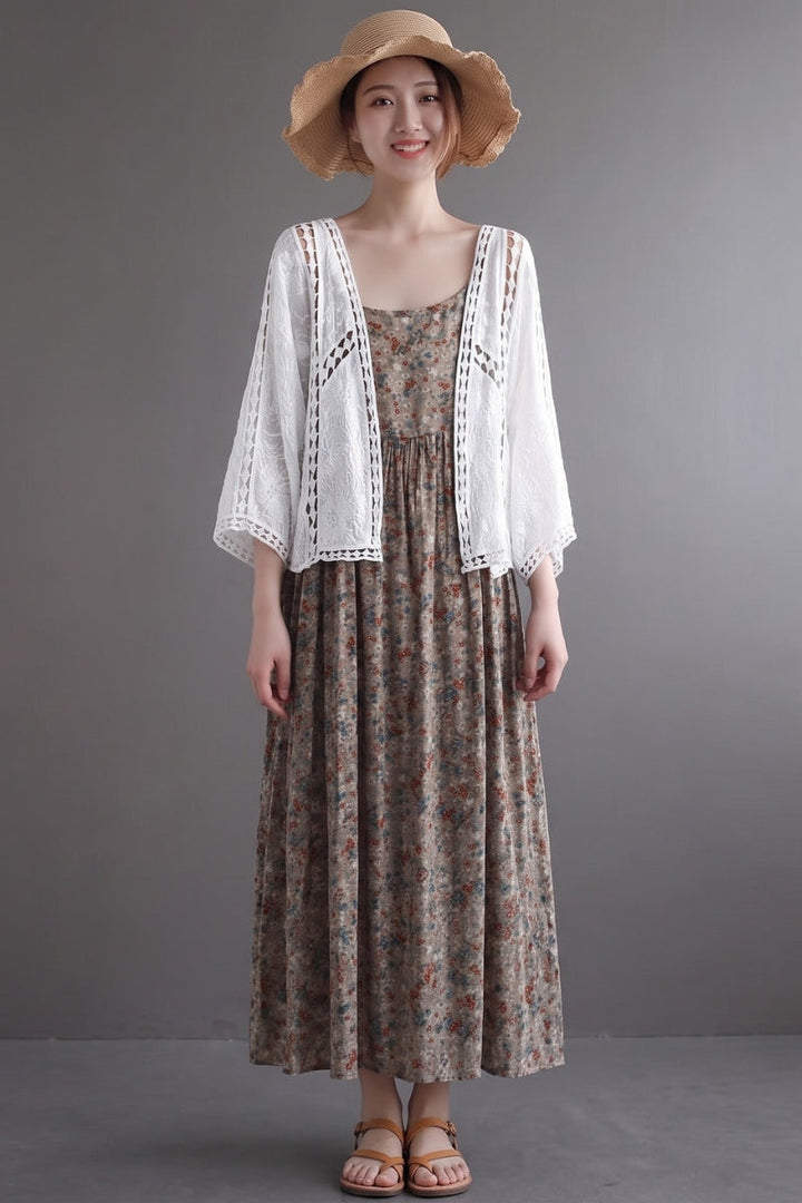 Niamh - Modern Khaki Jacquard Hollow Out Cotton Short Cardigans