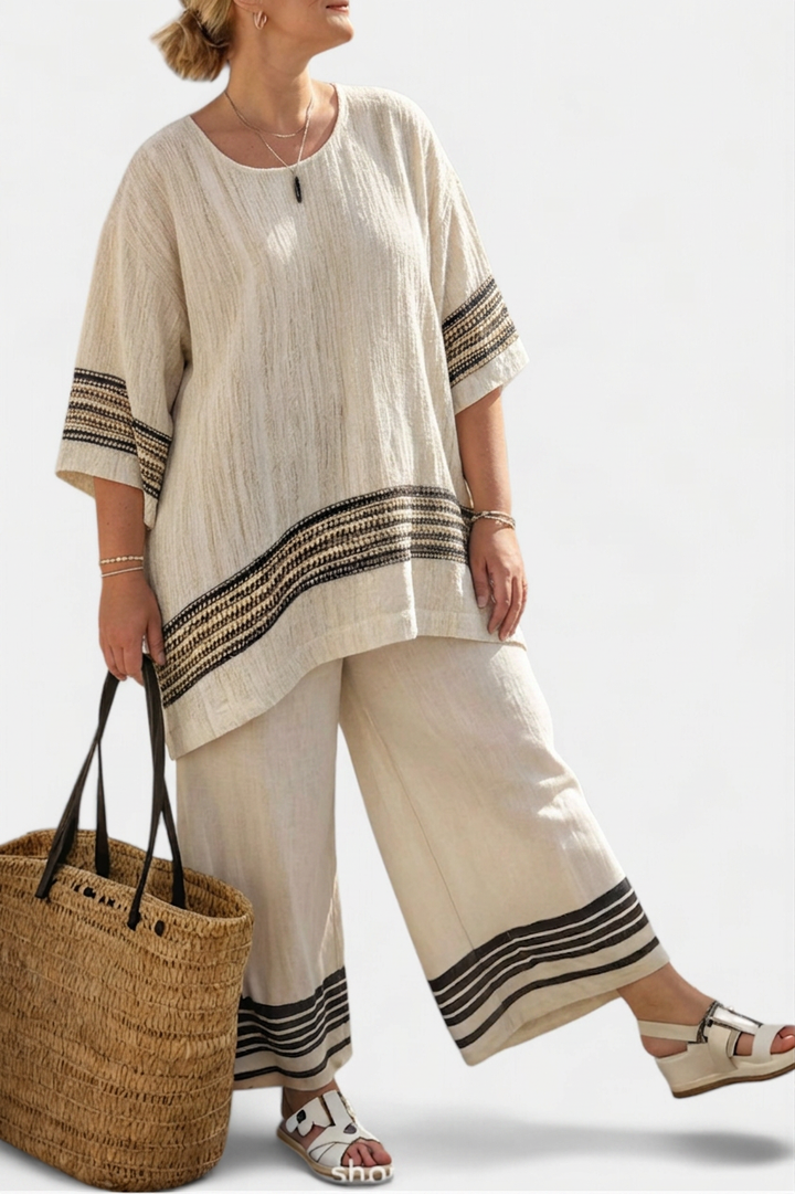 Genevieve  Top Elegant Linen With Black Stripes &amp; Flowing Pants