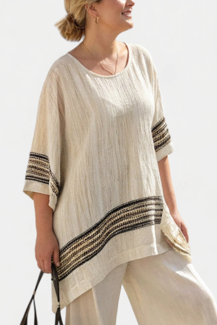 Genevieve  Top Elegant Linen With Black Stripes &amp; Flowing Pants