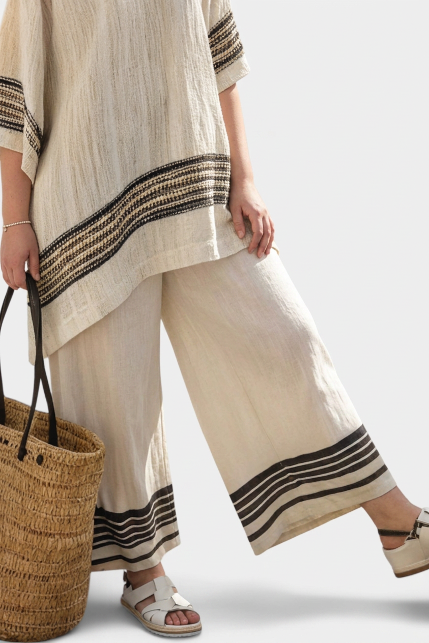 Genevieve  Top Elegant Linen With Black Stripes &amp; Flowing Pants