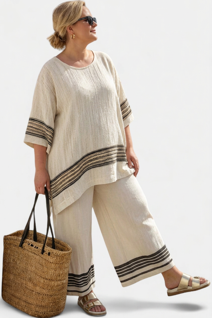 Genevieve  Top Elegant Linen With Black Stripes &amp; Flowing Pants