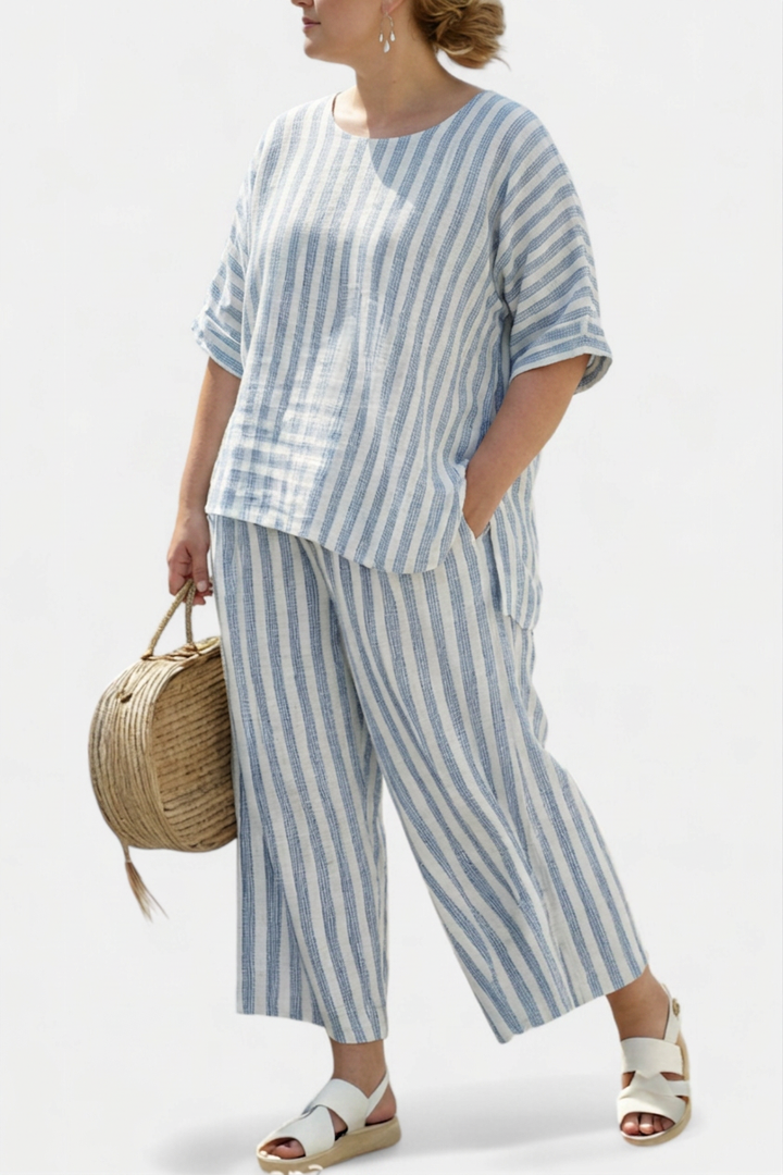 Calliope  Top Sophisticated Linen With Blue Stripes &amp; Relaxed Pants