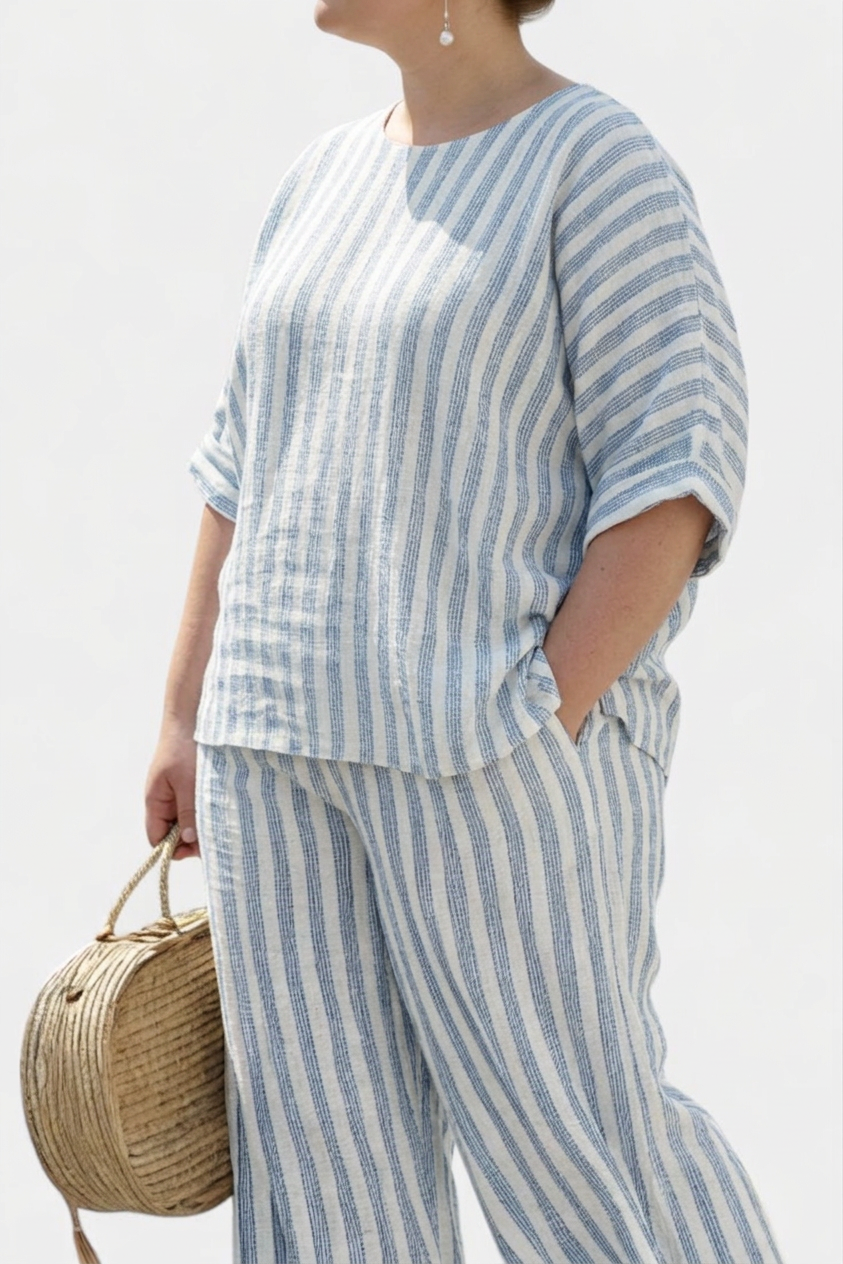 Calliope  Top Sophisticated Linen With Blue Stripes &amp; Relaxed Pants