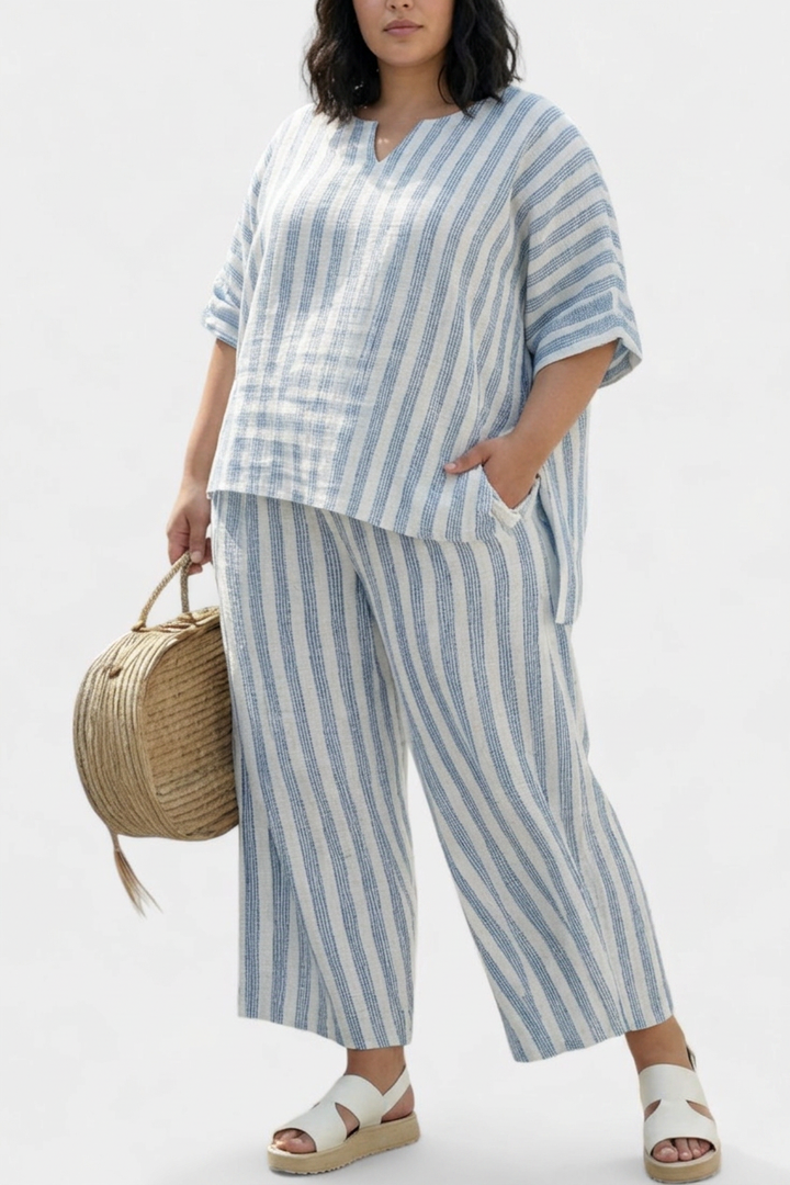 Calliope  Top Sophisticated Linen With Blue Stripes &amp; Relaxed Pants
