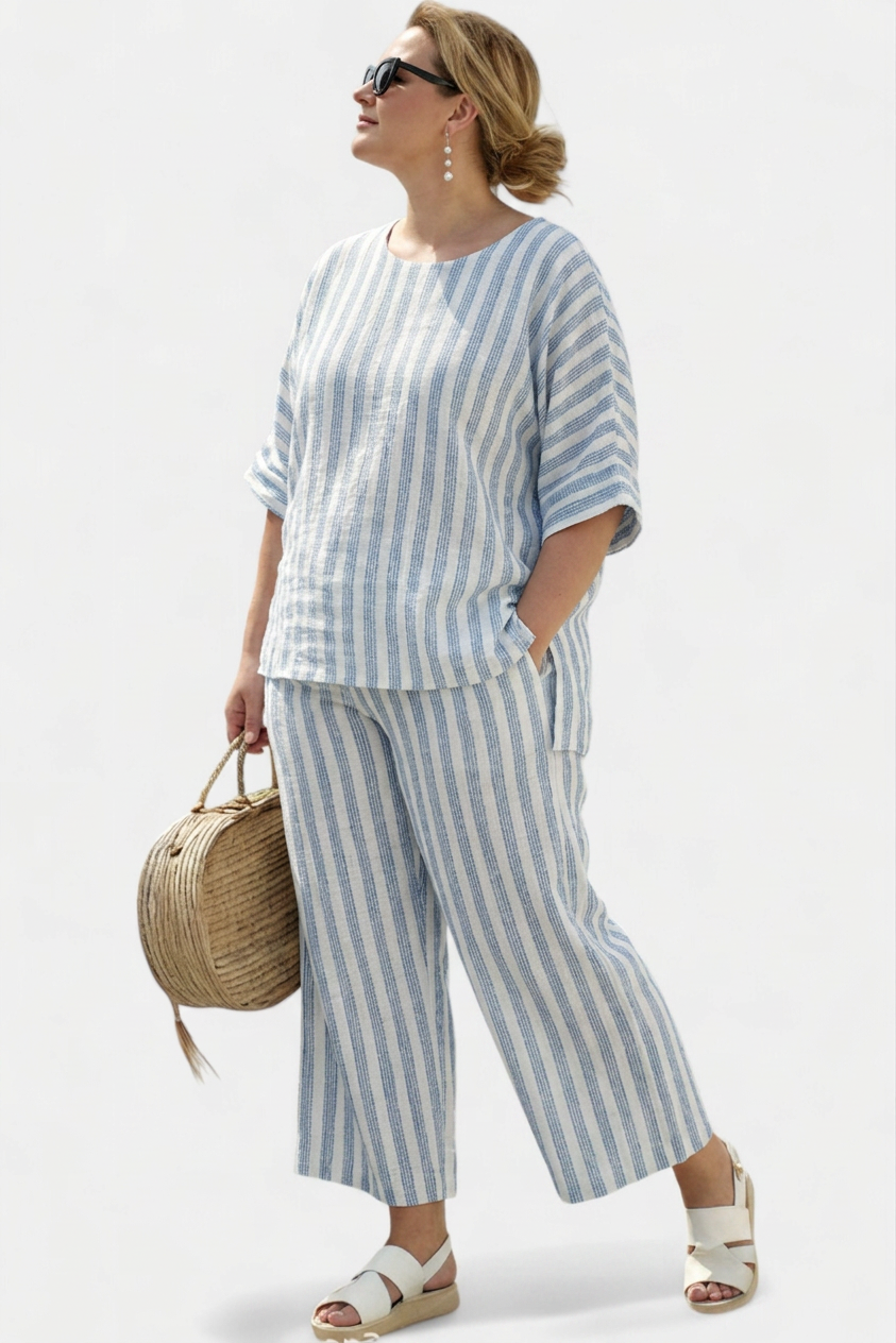 Calliope  Top Sophisticated Linen With Blue Stripes &amp; Relaxed Pants