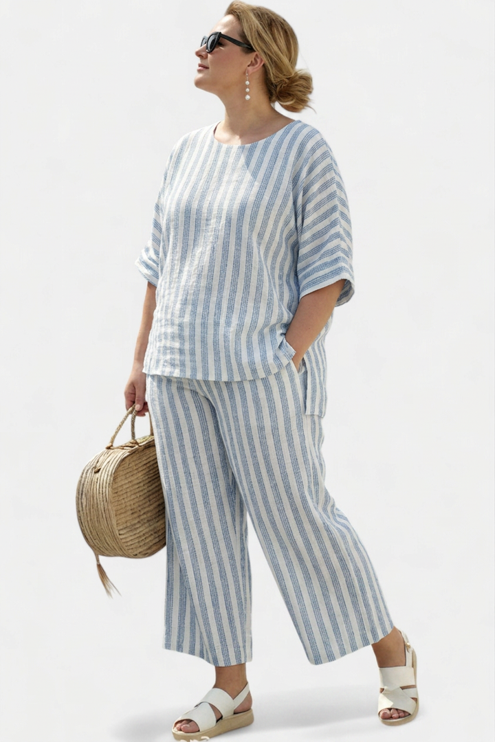 Calliope  Top Sophisticated Linen With Blue Stripes &amp; Relaxed Pants