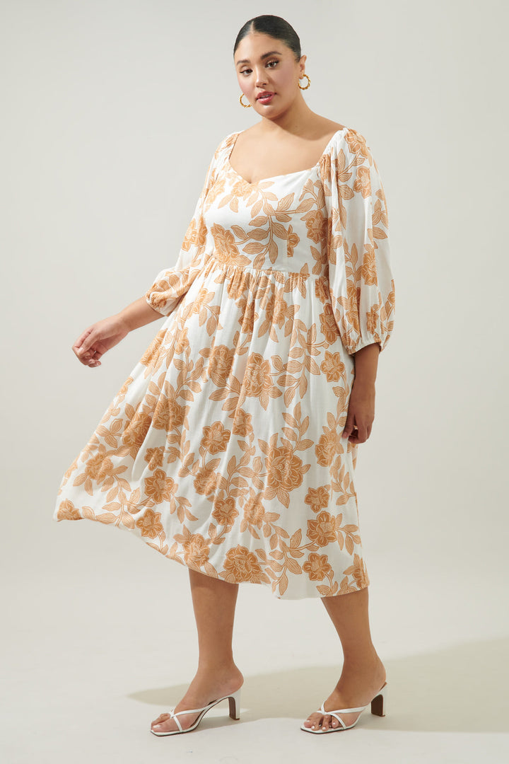 Essenna Floral Granger Puff Sleeve Midi Dress Curve
