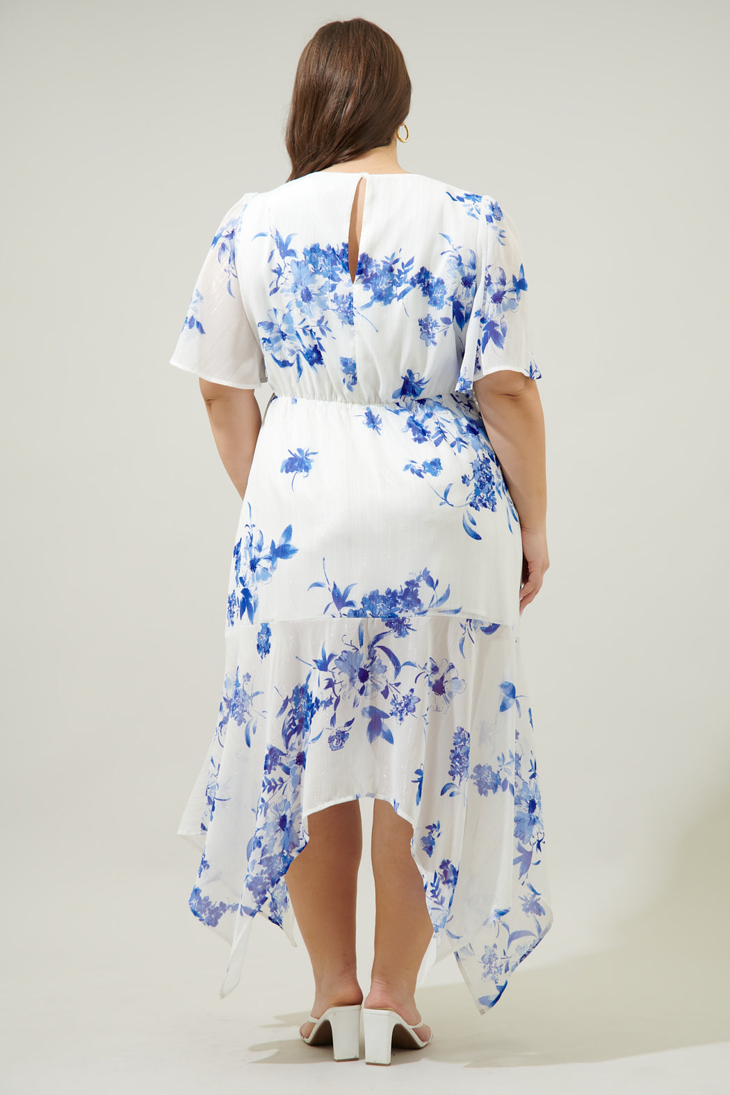 Mariposa Floral Aerin Asymmetrical Flutter Midi Dress Curve