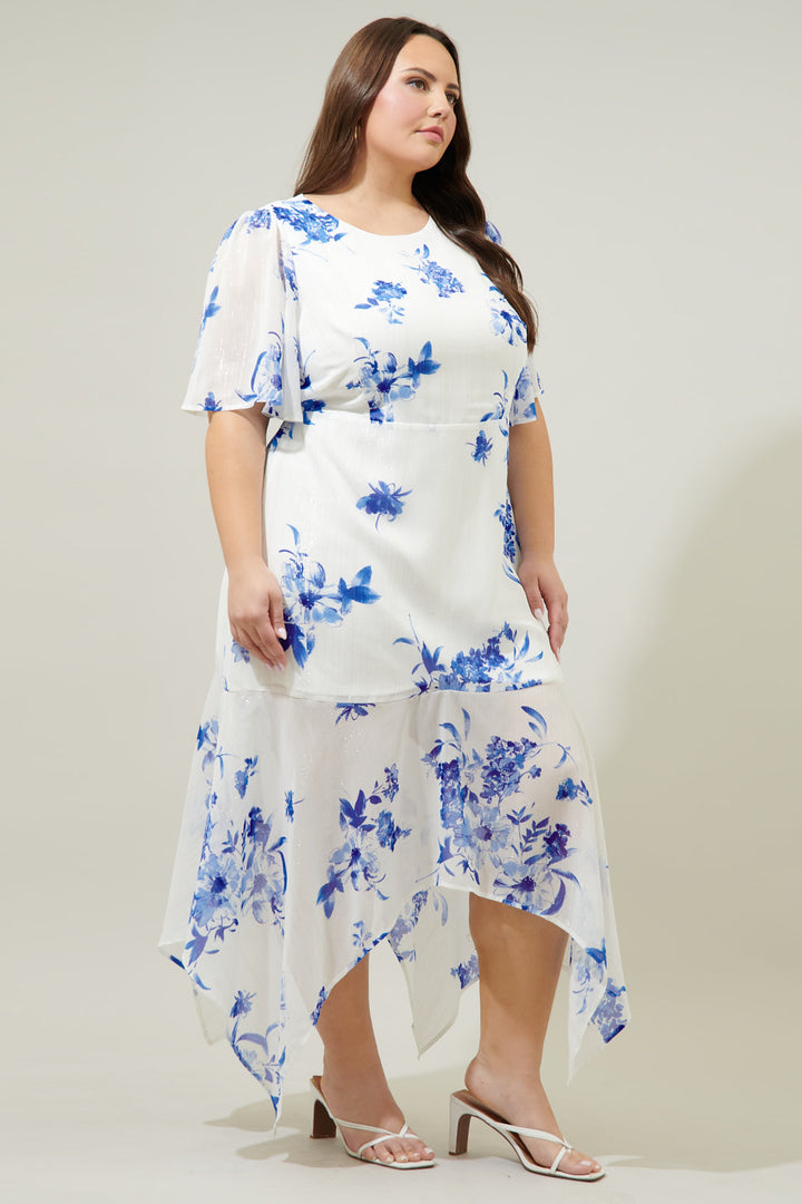 Mariposa Floral Aerin Asymmetrical Flutter Midi Dress Curve