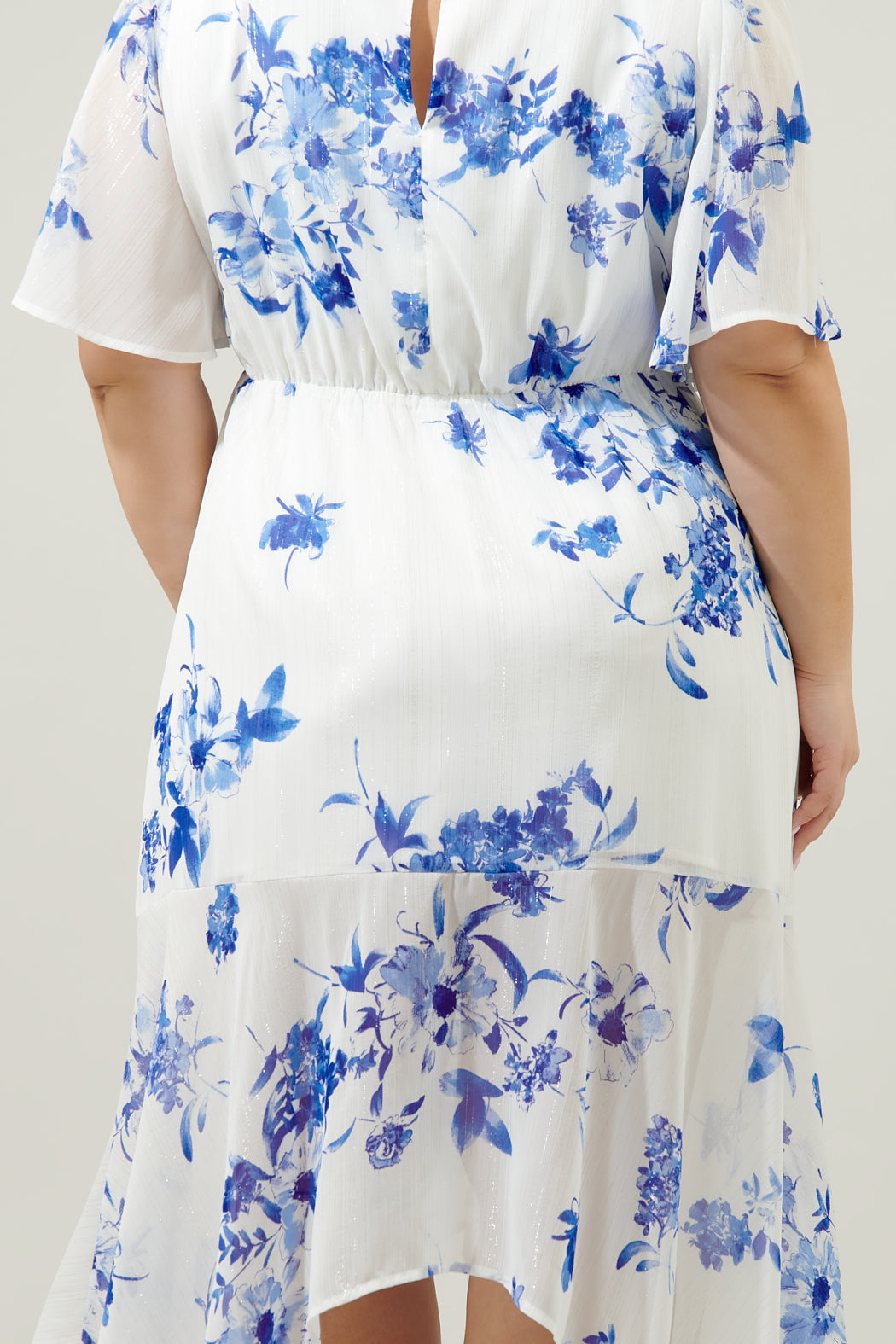 Mariposa Floral Aerin Asymmetrical Flutter Midi Dress Curve