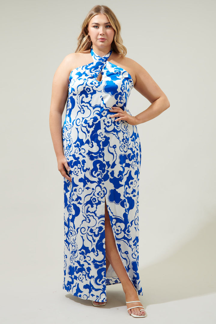 Helsinki Floral Tilda Satin Halter Maxi Dress Curve