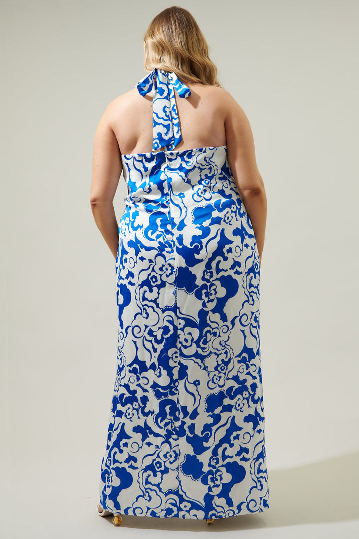 Helsinki Floral Tilda Satin Halter Maxi Dress Curve