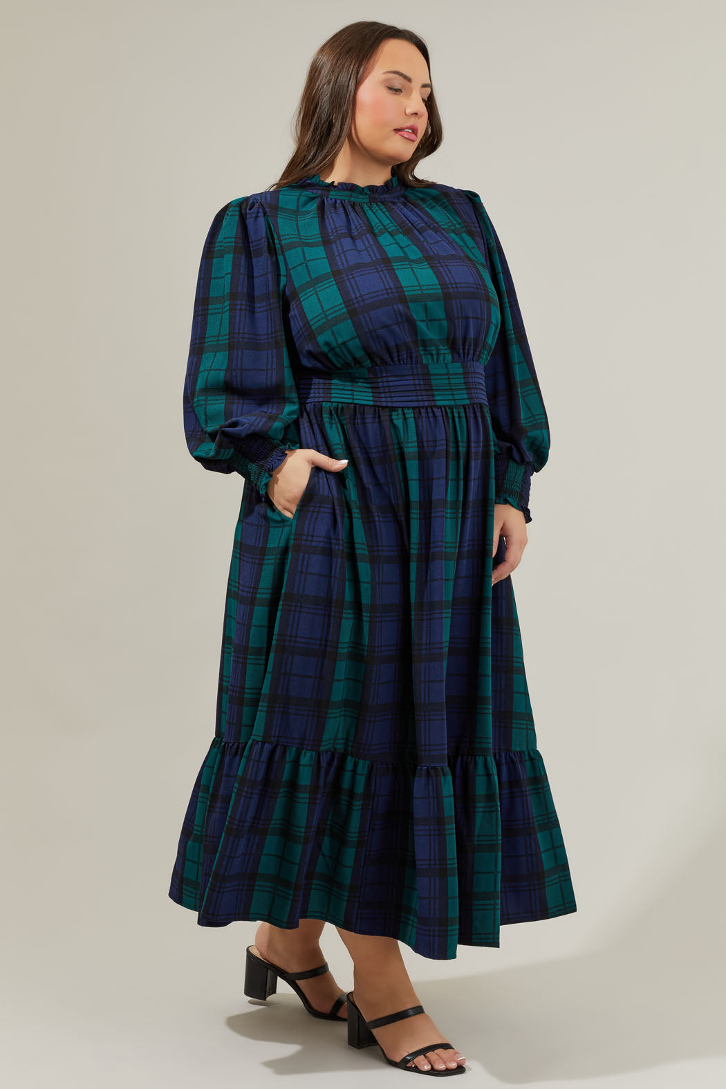 Hudson Plaid Caitlyn Smock Sleeve Midi Dress Curve