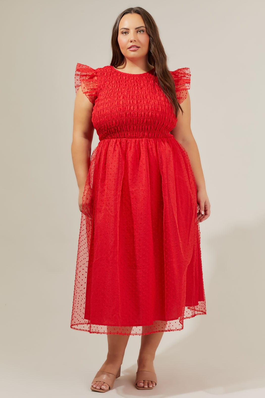 Lucille Organza Dot Smocked Midi Dress Curve
